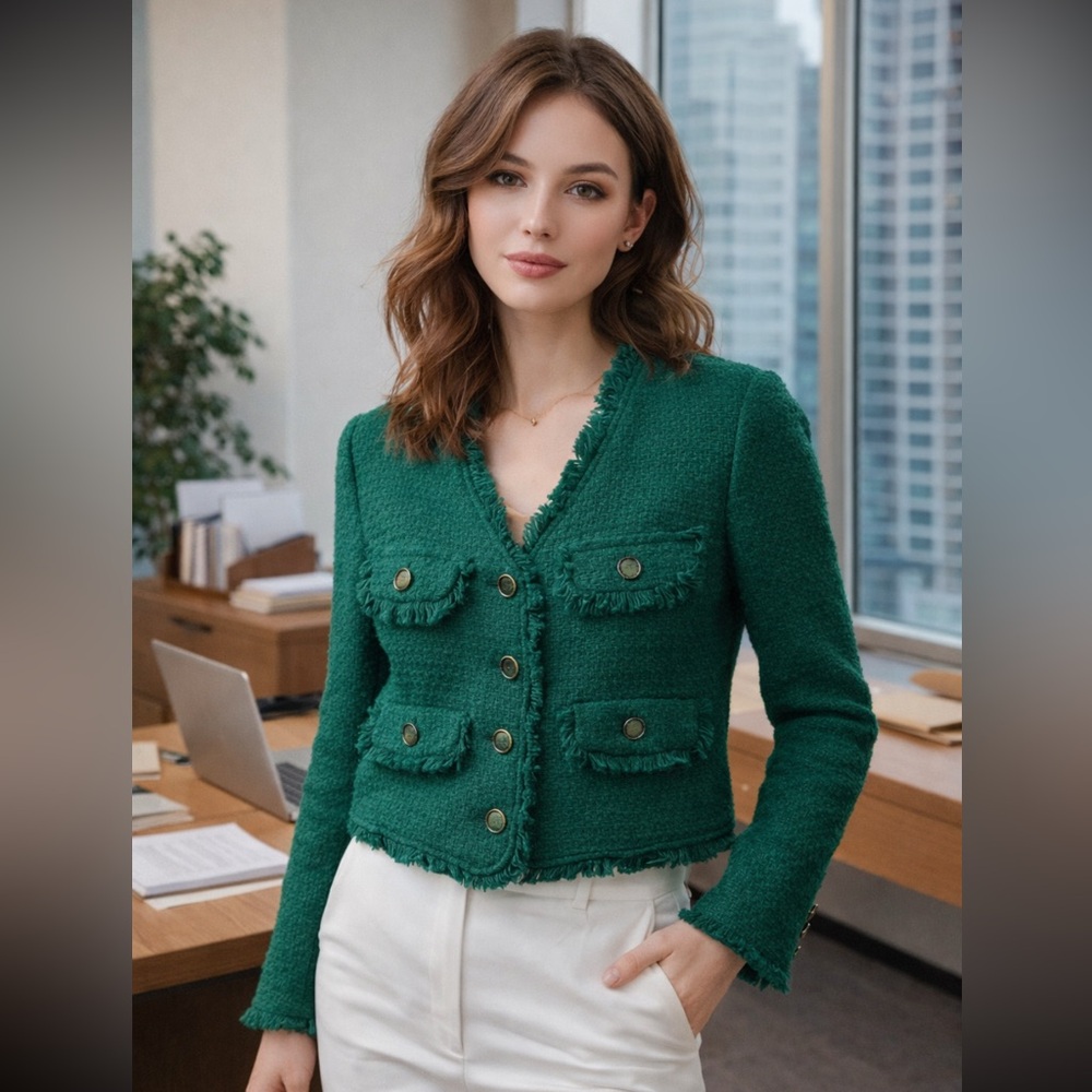 Vintage Blazer Green Tweed Fringed Lined Cropped Button Detail V-Neckline Small